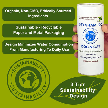 Dry shampoo can for dogs and cats with sustainability features highlighted on a green background