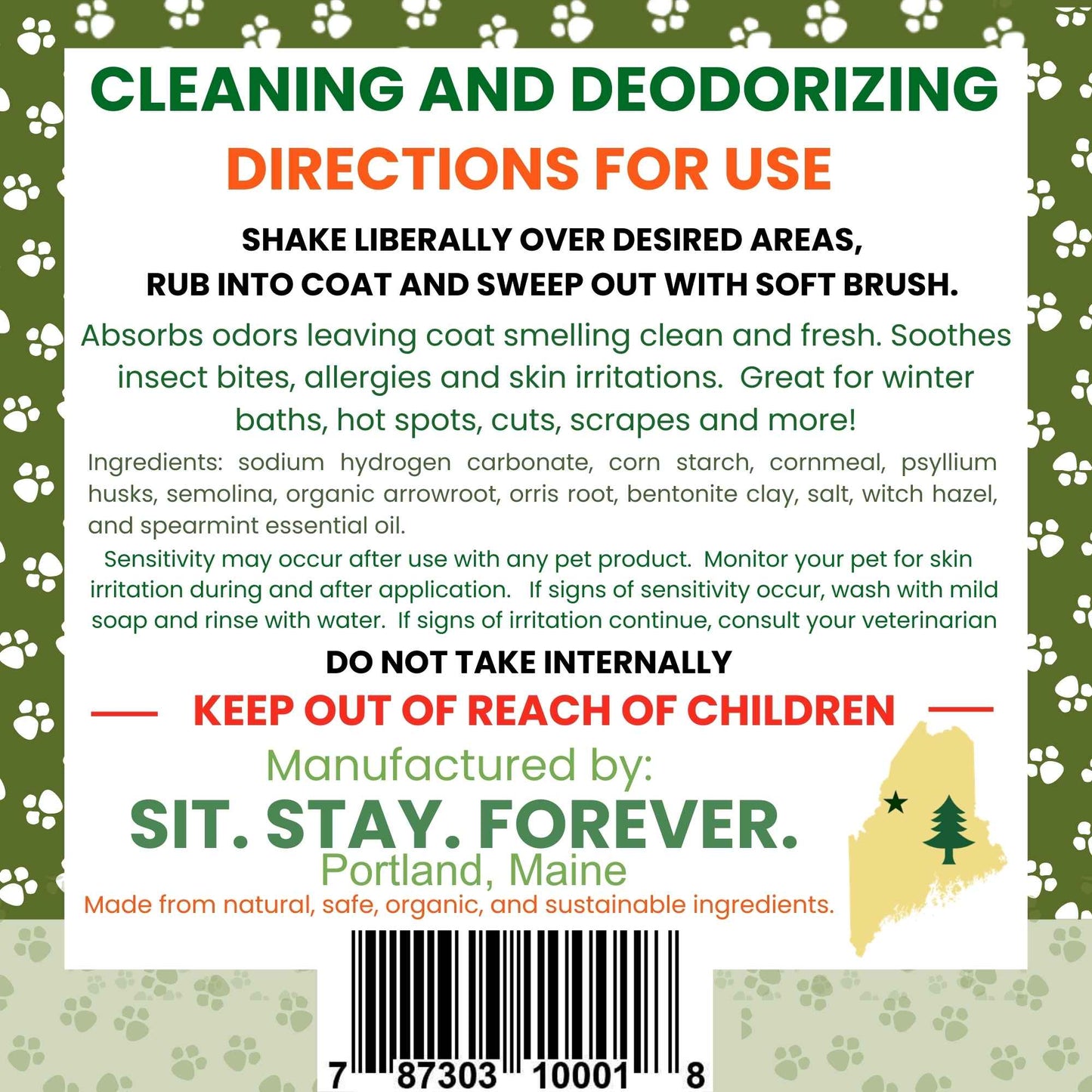 Dry Shampoo Cleaning and deodorizing product label with directions and branding details.
