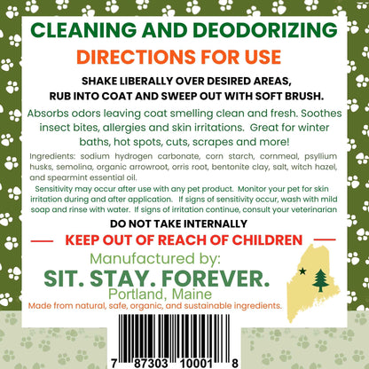 Dry Shampoo Cleaning and deodorizing product label with directions and branding details.