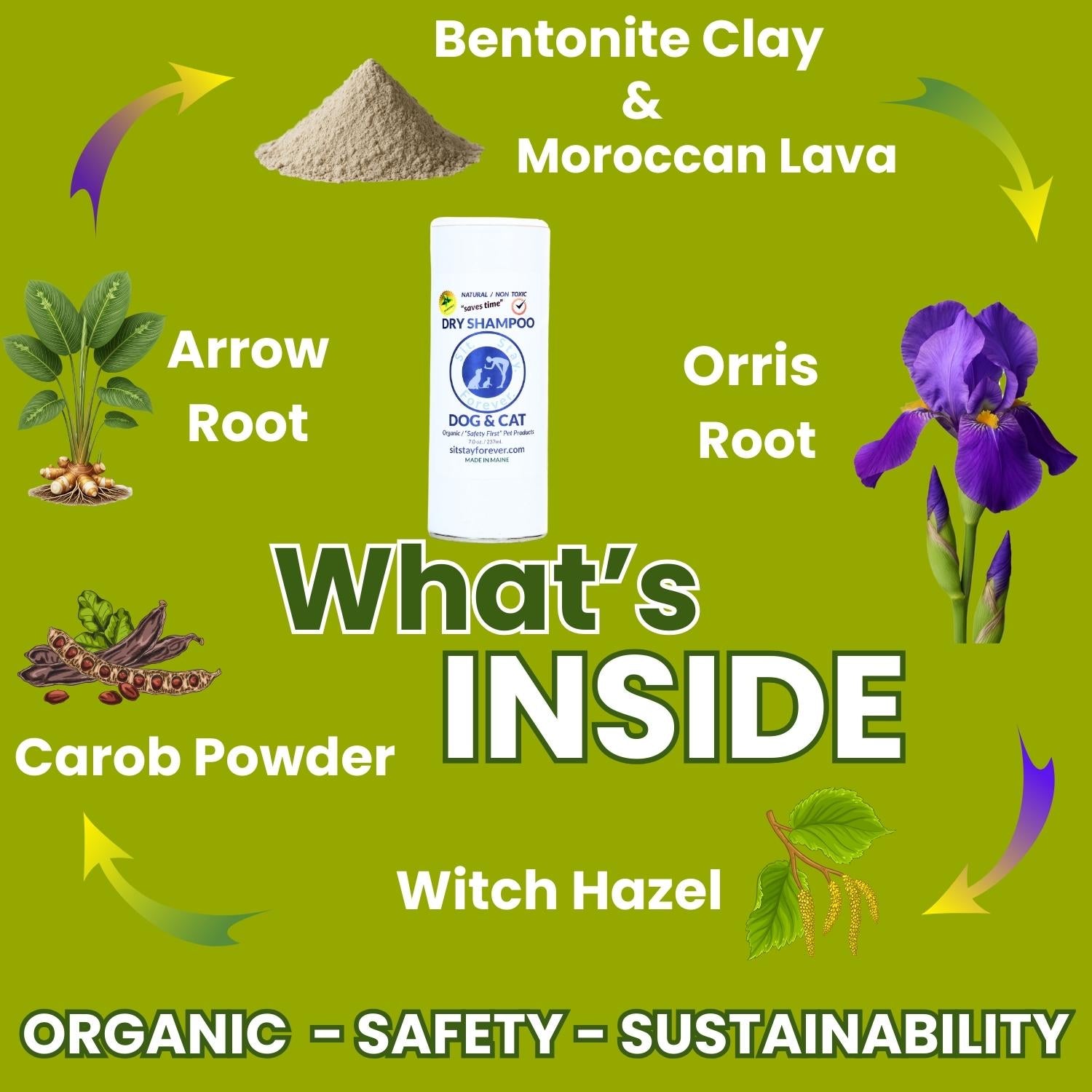 Product packaging with natural ingredients and branding on a green background