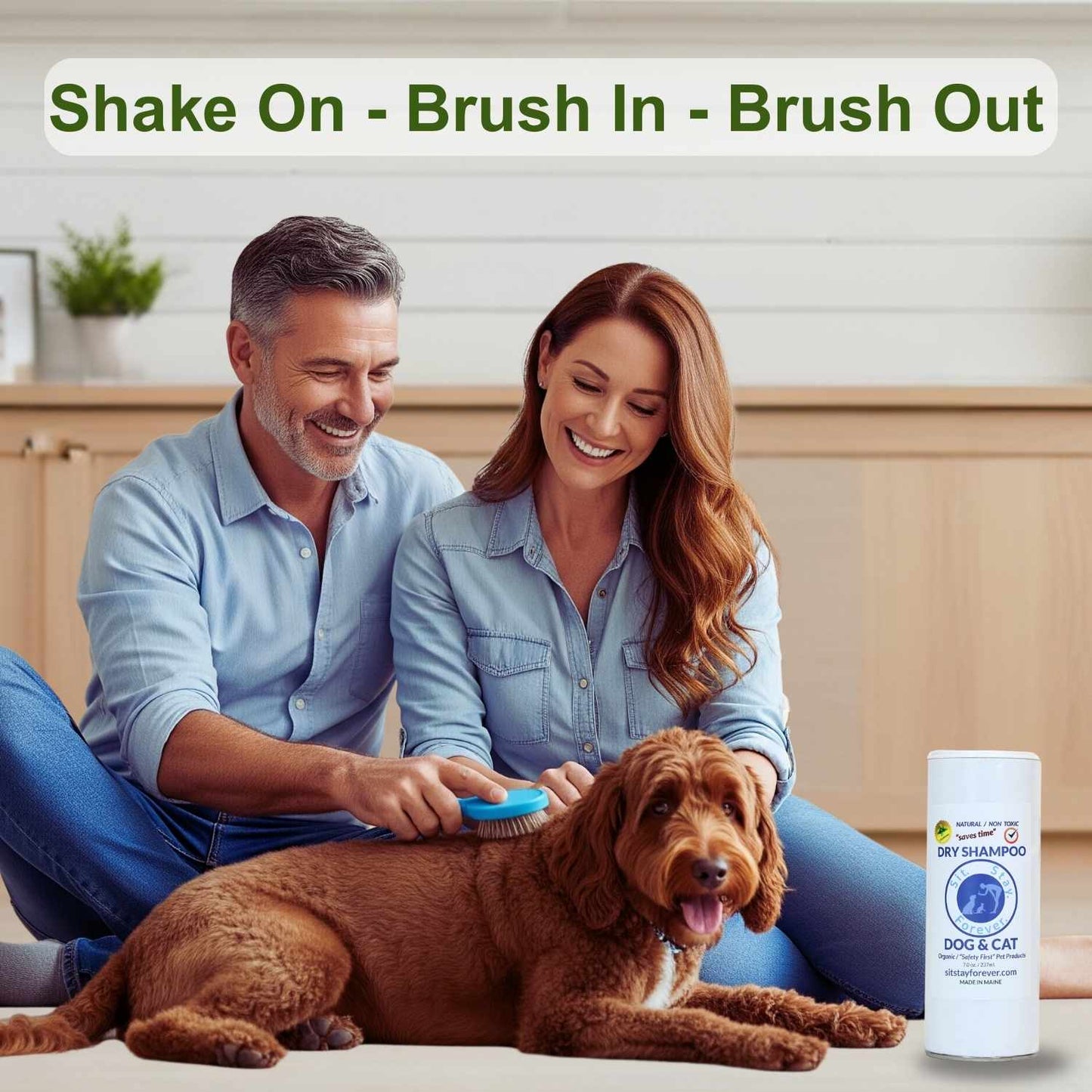 Man and woman brushing a dog with a bottle of dry shampoo labeled 'Dog & Cat' on a table.