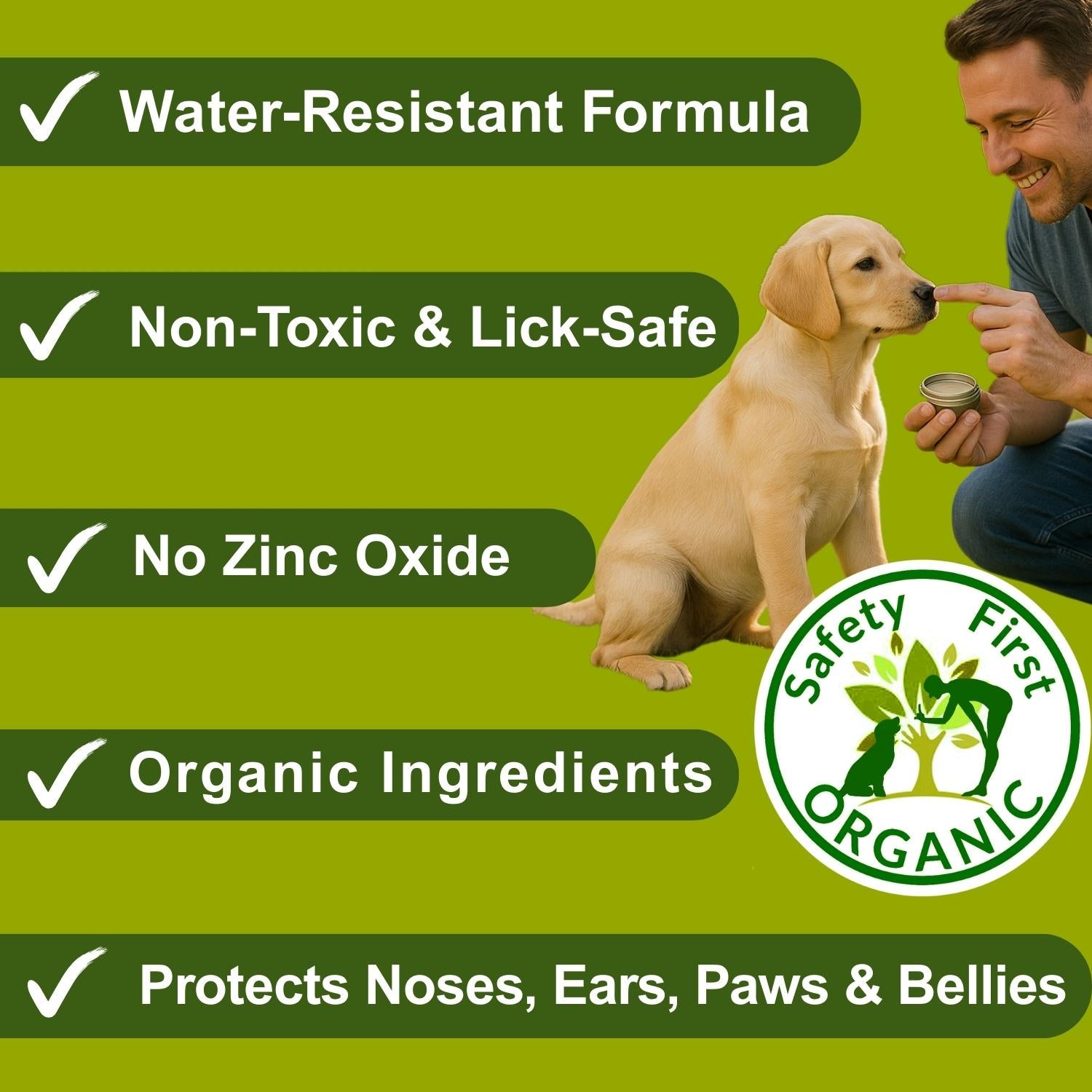 Dog with a person applying a product, surrounded by green text boxes with product features on a green background.
