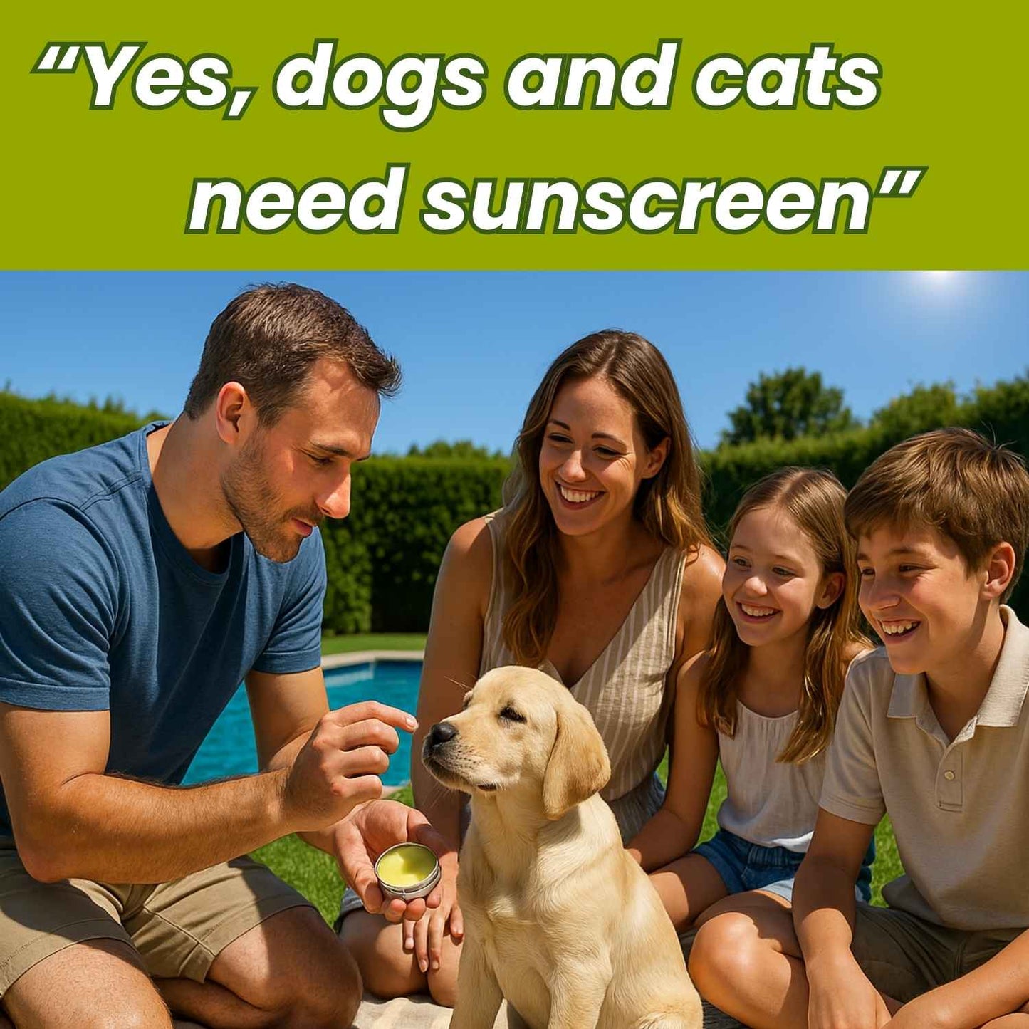 Family with a dog by a pool, applying sunscreen with text 'Yes, dogs and cats need sunscreen'.