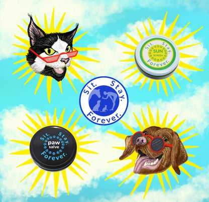 dog sunscreen and dog paw salve with image of cat and dog