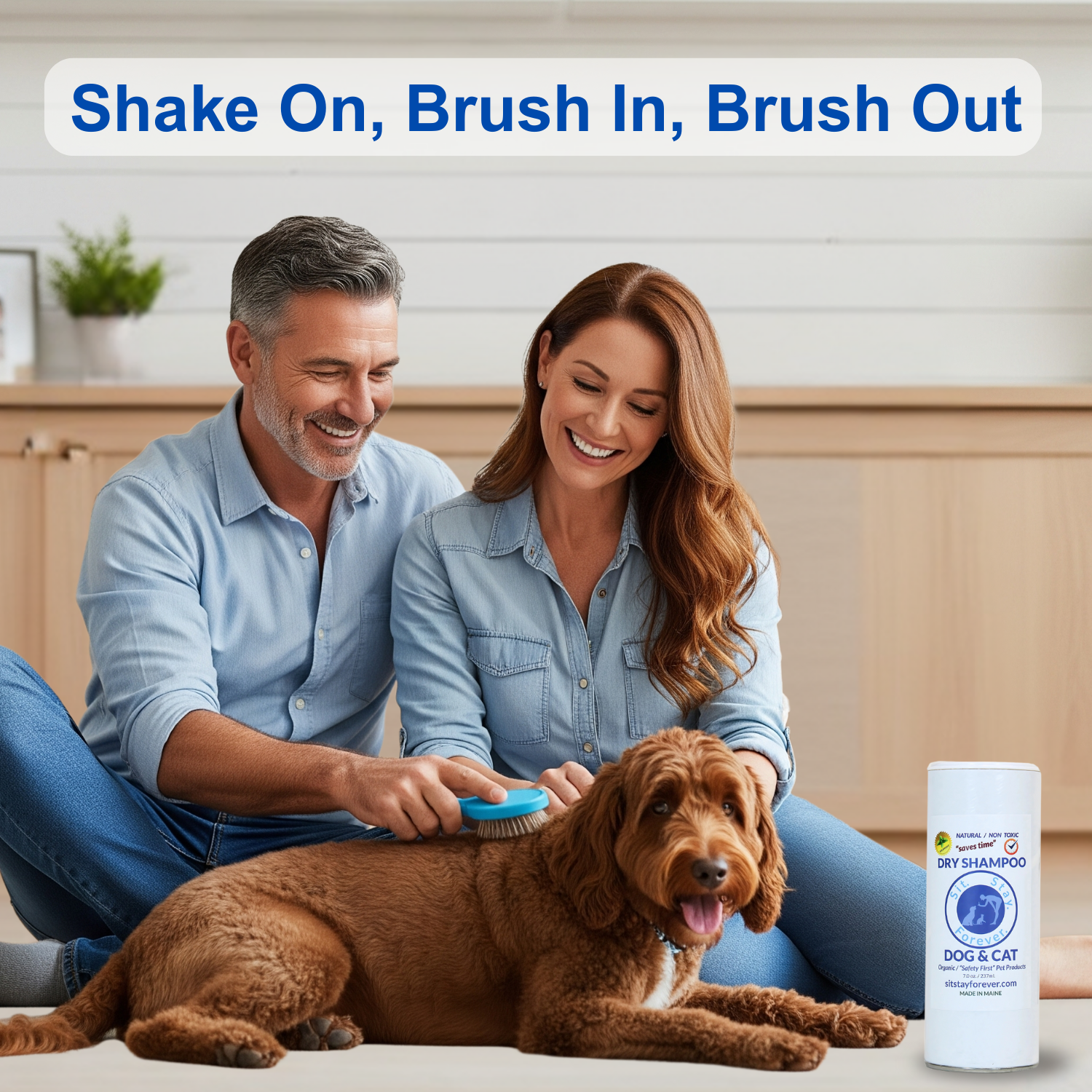 Man and woman brushing a dog with a bottle of Sit Stay Forever dry shampoo in the foreground.