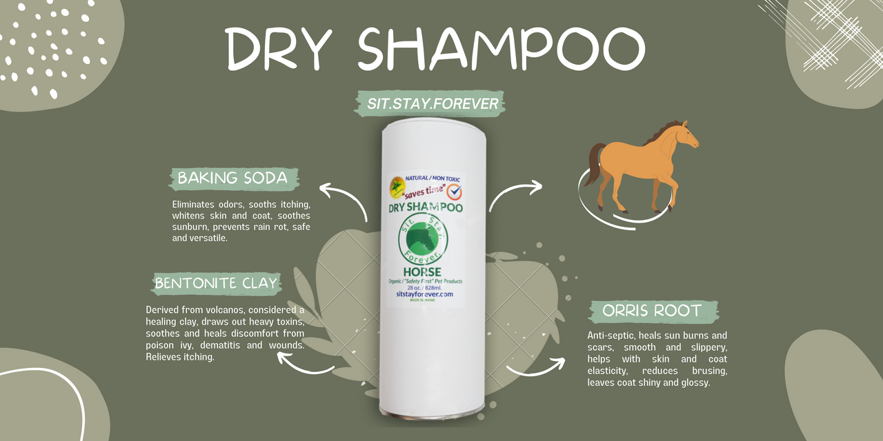 An infographic for Sit.Stay.Forever. dry shampoo for horses. The image highlights the main ingredients: Baking Soda: Eliminates odors, soothes itching, whitens skin and coat, soothes sunburn, prevents rain rot, safe and versatile. Bentonite Clay: Draws out toxins, soothes and heals discomfort from poison ivy, dermatitis, and wounds. Relieves itching. Orris Root: Anti-septic, heals sunburns and scars, smoothens coat, improves skin and coat elasticity, reduces bruising, and leaves coat shiny and glossy.
