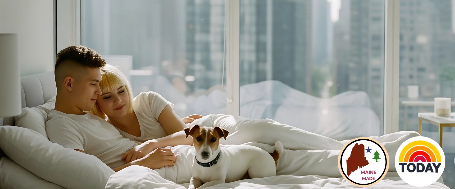 Couple lying in bed with a dog, surrounded by large windows with a cityscape view.