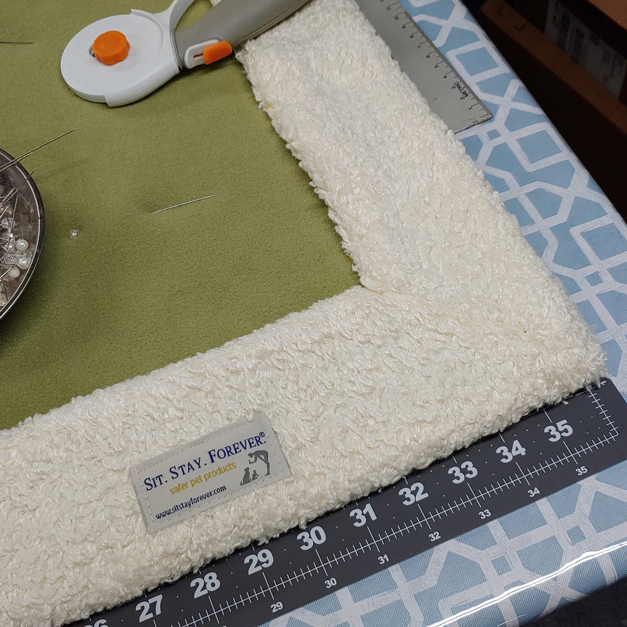 Toxin Free Plush and Curly Velour Throw being measured and in the process of making