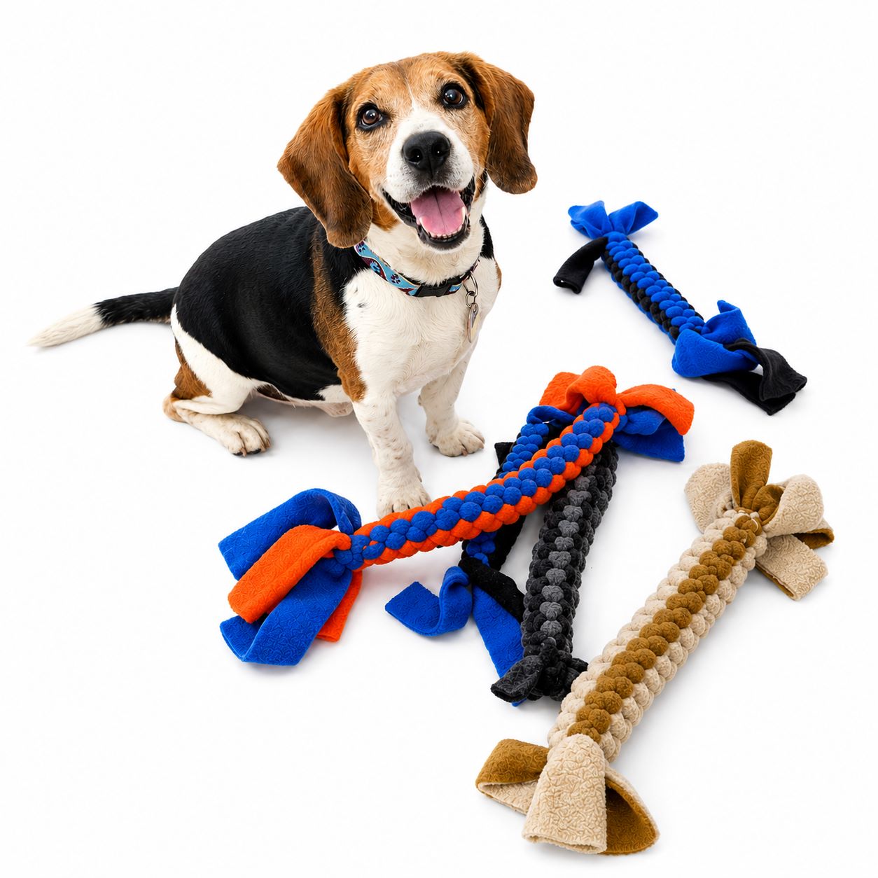 Dog sitting next to colorful Sit Stay Forever dog toys on a white background