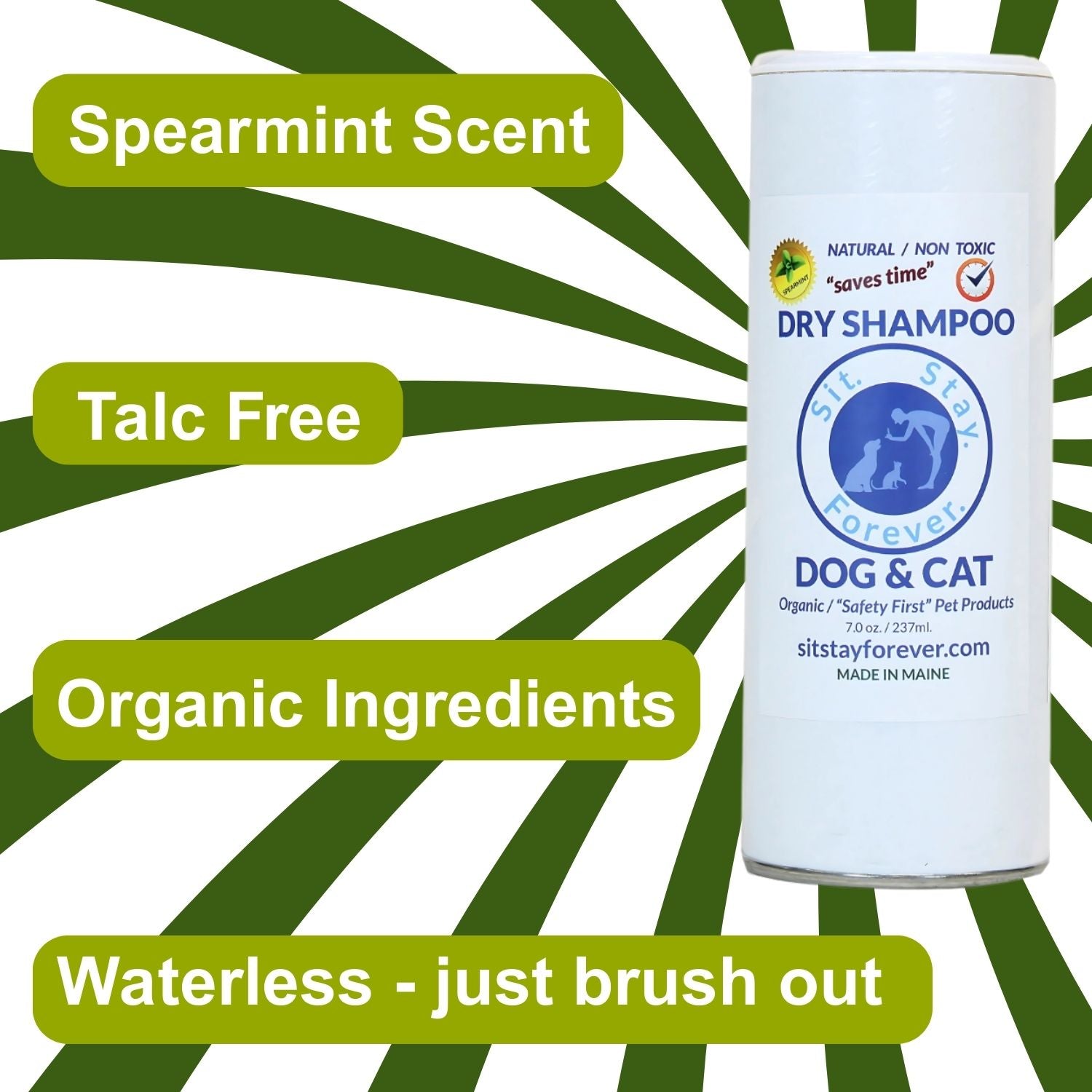 Dry shampoo canister for dogs and cats with green text highlighting features on a white background