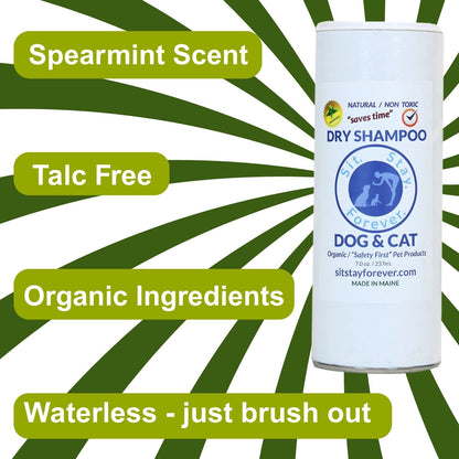 Dry shampoo canister for dogs and cats with green text highlighting features on a white background