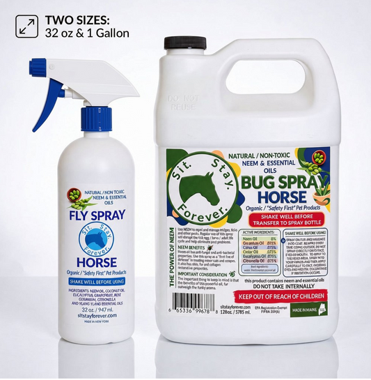 Two white horse care spray bottles from Sit Stay Forever shown on a white background: a smaller 32 oz Fly Spray bottle with a blue trigger sprayer and a larger 1 Gallon Bug Spray bottle with a black cap and front label.