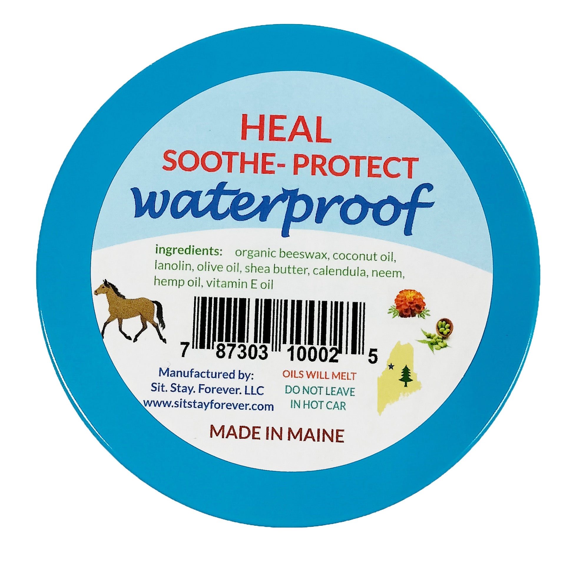 The bottom label of a tin of Sit Stay Forever's Daily Care Balm