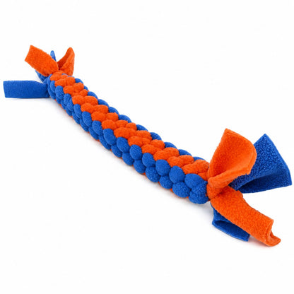 Blue and orange braided Sit Stay Forever. dog toy on a white background