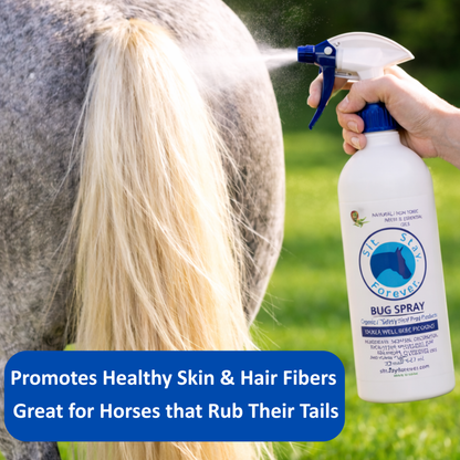 Person using a bottle of 'Sit Stay Forever' bug spray on a horse's tail with text about promoting healthy skin and hair fibers.