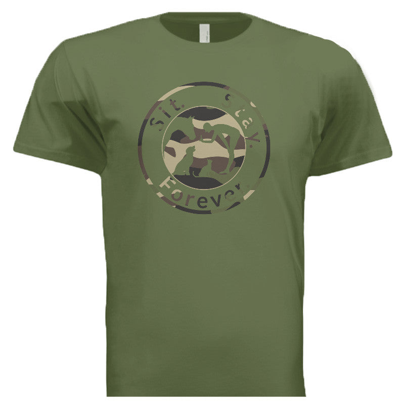 Army green colored 100% Cotton T shirt with Sit.Stay.Forever. logo in camouflage style positioned in the center of the shirt