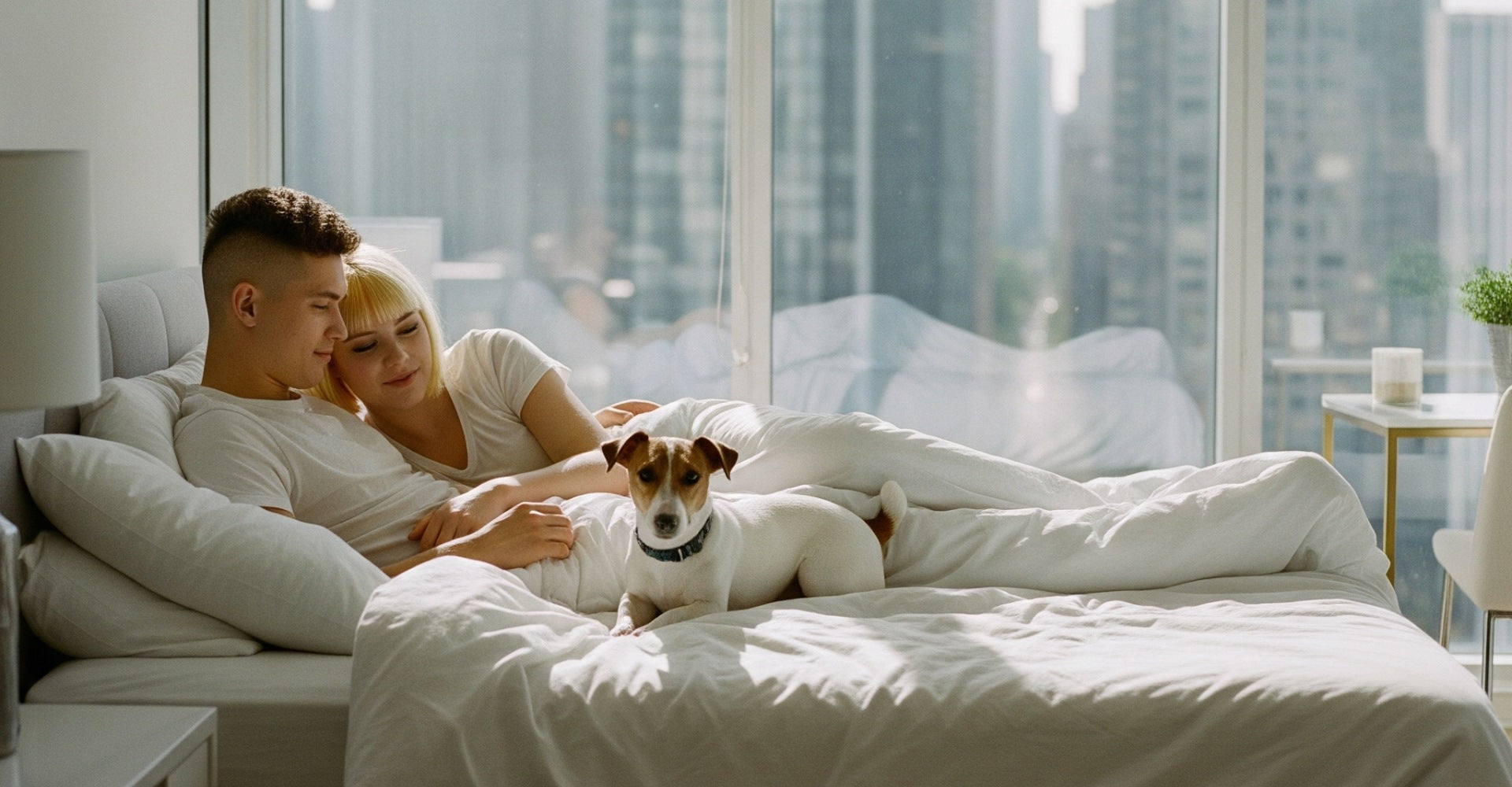 Couple with a dog on a bed in a modern bedroom with cityscape view