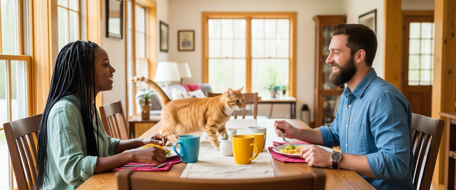 Man and woman sitting at a dining table with a cat, enjoying a meal together.