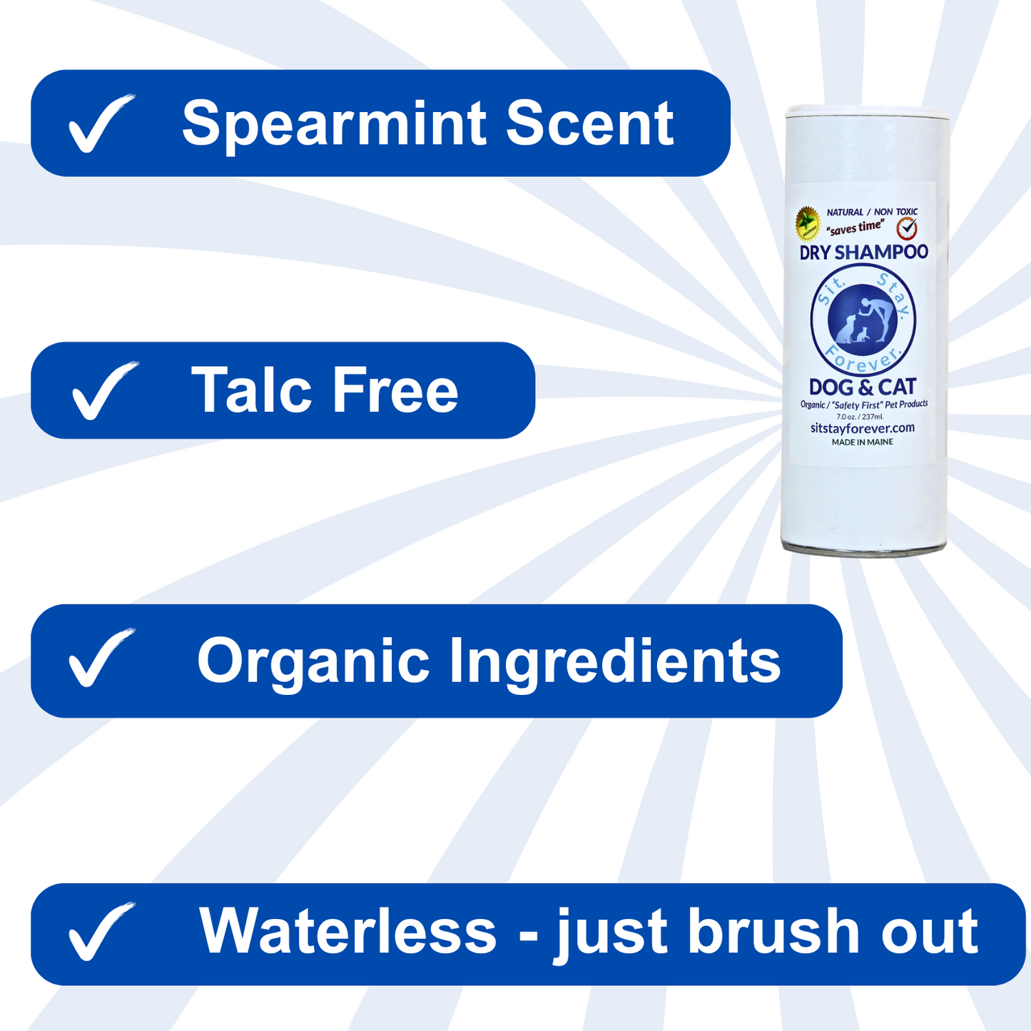 Dry shampoo can for dogs and cats with spearmint scent, talc-free, organic ingredients, and waterless application on a blue and white background.
