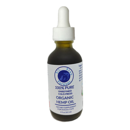 2 fl oz (62 ml) of 100% Pure Unrefined Cold Press Organic Hemp Oil. The label has the Sit.Stay.Forever. logo and indicates that this product is a dietary supplement for dogs and cats. The bottle has a white dropper cap for easy dispensing.