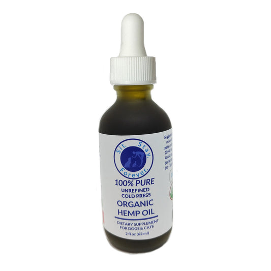 2 fl oz (62 ml) of 100% Pure Unrefined Cold Press Organic Hemp Oil. The label has the Sit.Stay.Forever. logo and indicates that this product is a dietary supplement for dogs and cats. The bottle has a white dropper cap for easy dispensing.