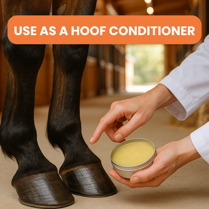 image of horses hooves with daily care balm being appied by person in white lab coat