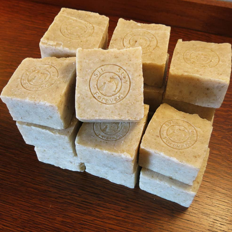 A stack of Sit.Stay.Forever pet soap bars with the logo embossed on each bar.