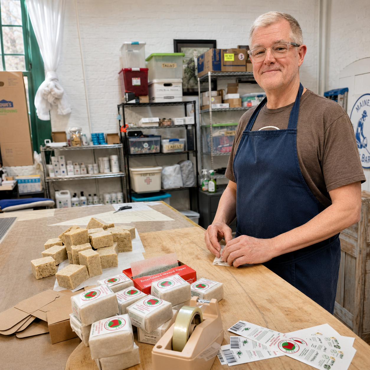 owner of Sit Stay Forever making soap in mill shop