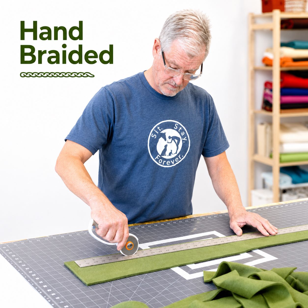 Man cutting fabric with a ruler on a cutting mat, with 'Hand Braided' text above.