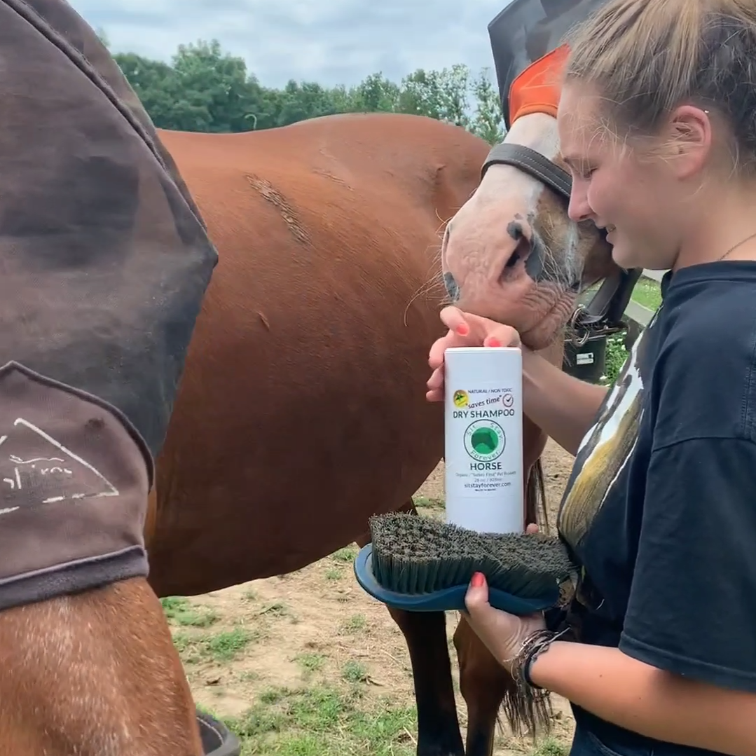 A woman opening the Sit.Stay.Forever. Dry Shampoo for horses with a horse on the background.