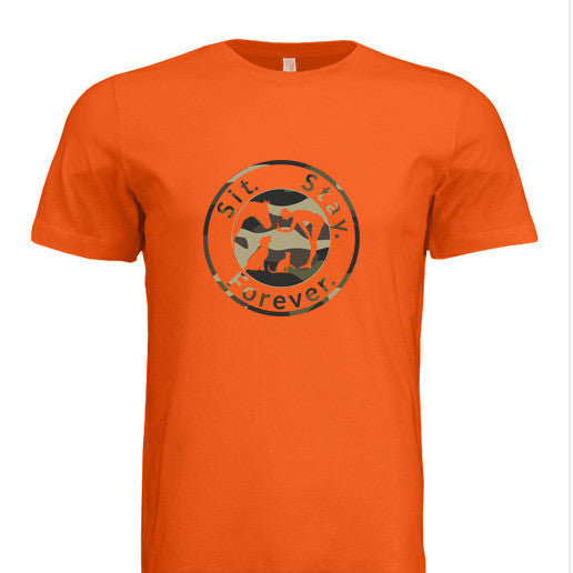 Orange colored 100% Cotton T shirt with Sit.Stay.Forever. logo in camouflage style positioned in the center of the shirt