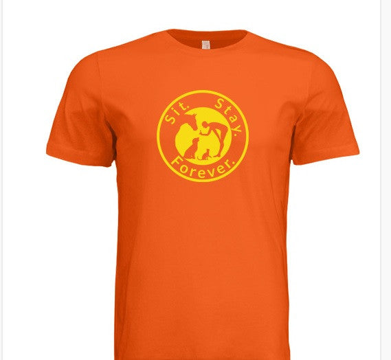 Orange colored 100% Cotton T shirt with Sit.Stay.Forever. logo in yellow positioned in the center of the shirt