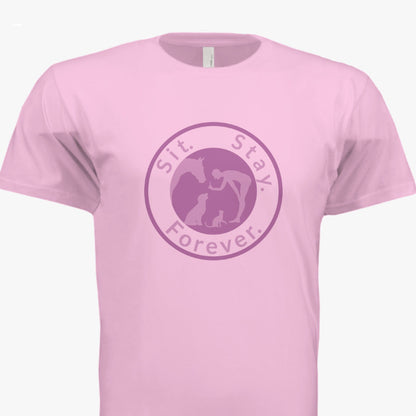 Light pink colored 100% Cotton T shirt with Sit.Stay.Forever. dark pink logo positioned in the center of the shirt