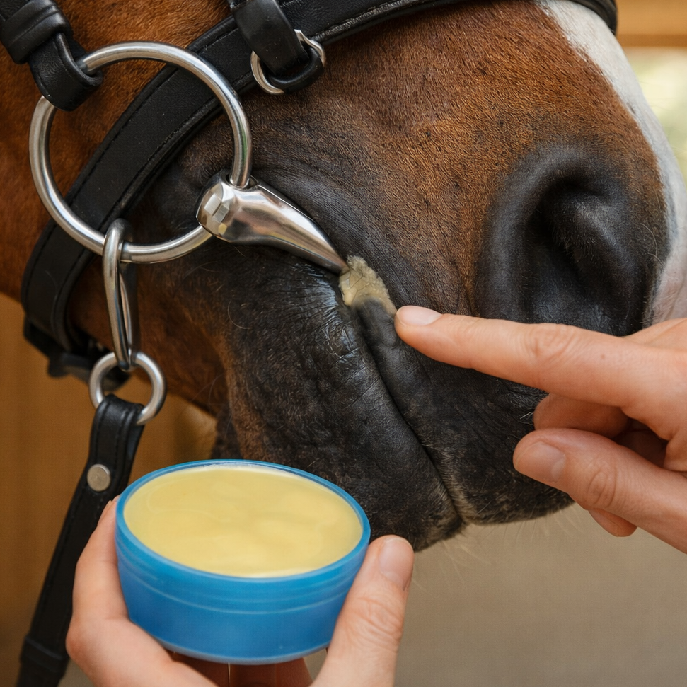 A close-up of a horse's face with a person's finger applying a Sit Stay Forever's Daily Care Balm to the horse's mouth corner, while another hand holds a blue tin or the balm