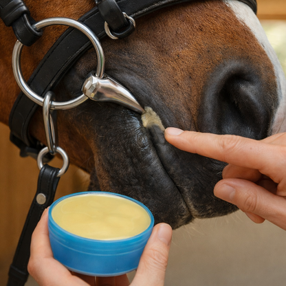A close-up of a horse's face with a person's finger applying a Sit Stay Forever's Daily Care Balm to the horse's mouth corner, while another hand holds a blue tin or the balm