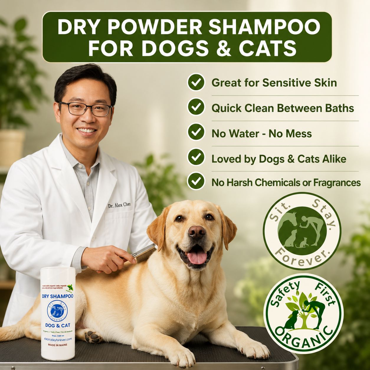 Organic Dry Shampoo for Dogs & Cats | No-Rinse, Waterless, Hypoallergenic Pet Grooming Powder