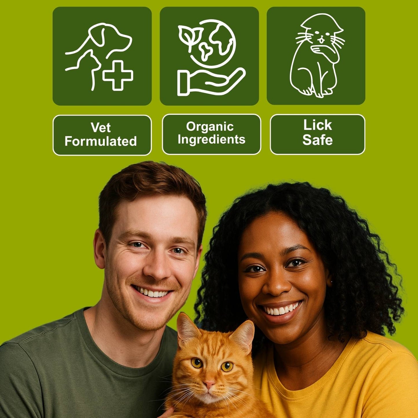 Two people with a cat on a green background with icons and text about product features.