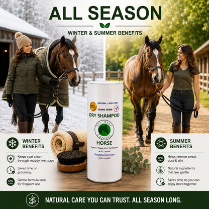 Advertisement for horse care product with two women and horses in winter and summer settings, featuring text about product benefits.