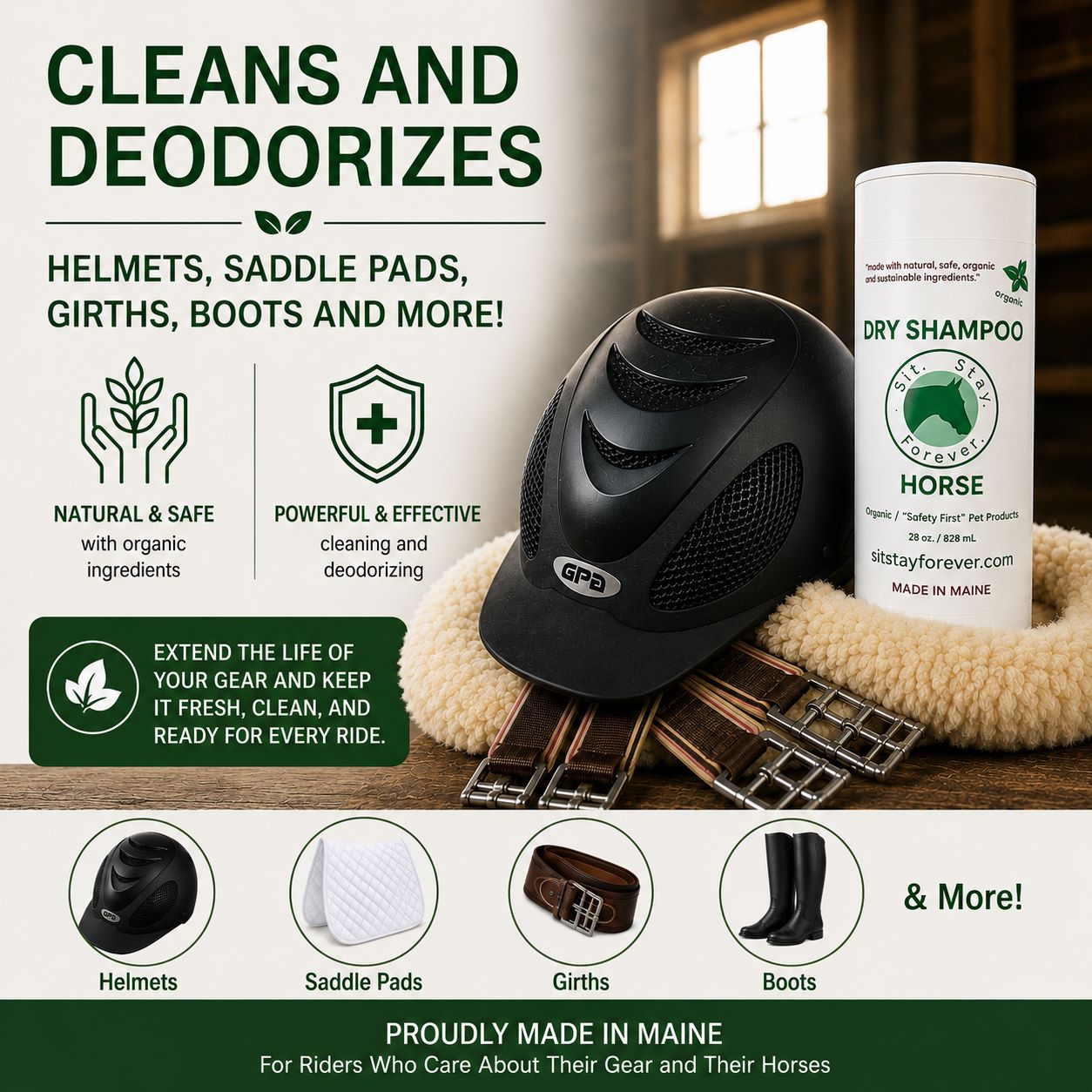 Horse care product advertisement with helmet, saddle pad, and boots on a wooden surface with a bottle of sit stay forever's dry powder shampoo