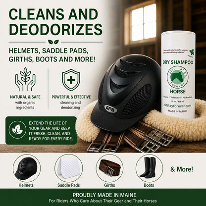 Horse care product advertisement with helmet, saddle pad, and boots on a wooden surface with a bottle of sit stay forever's dry powder shampoo