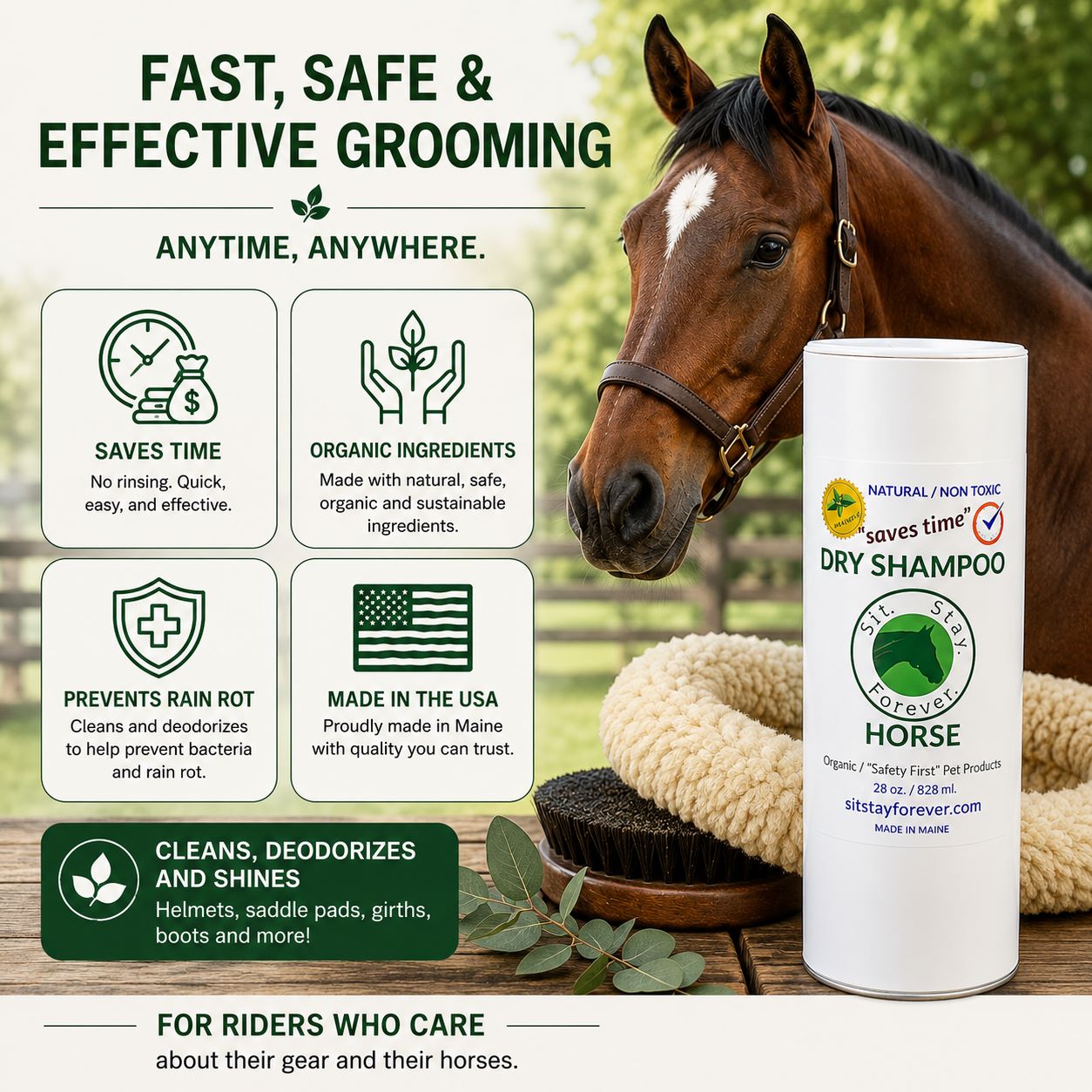 Horse with a tube of sit stay forever's dry shampoo bottle and grooming tools on a wooden surface, with text highlighting product features.