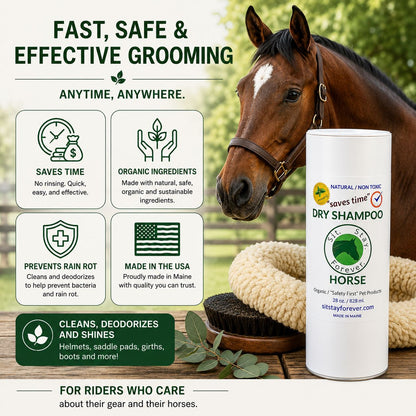 Horse with a tube of sit stay forever's dry shampoo bottle and grooming tools on a wooden surface, with text highlighting product features.