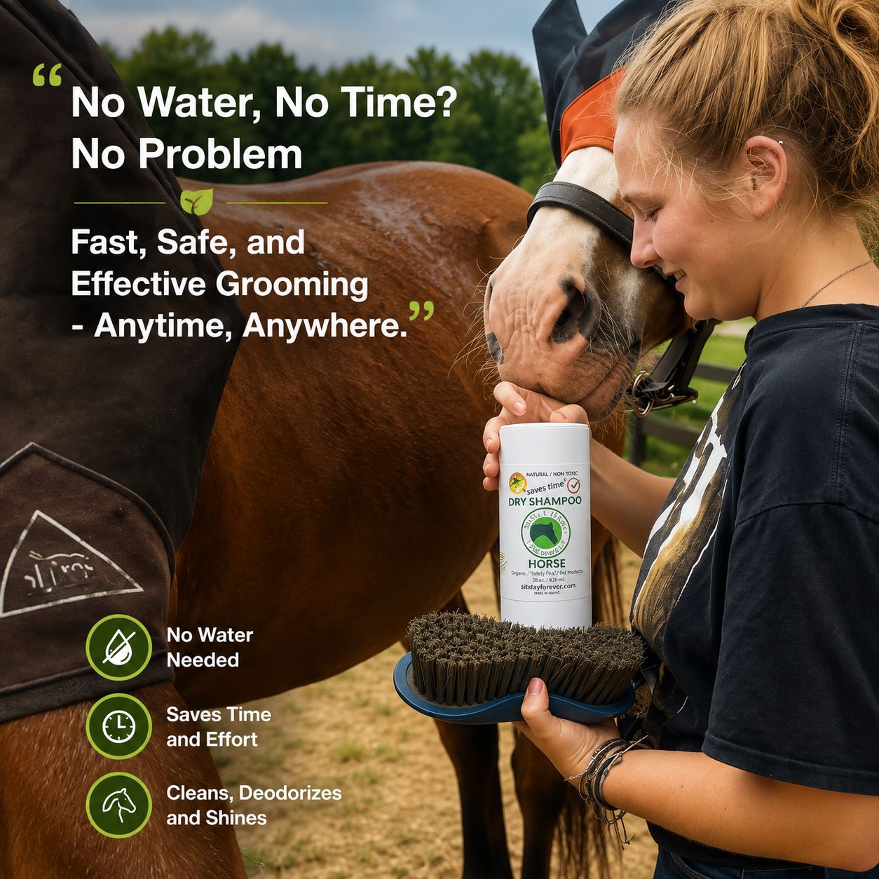 Woman holding a bottle of sit stay forever dry shampoo for horses with a horse in the background, text about grooming solution.