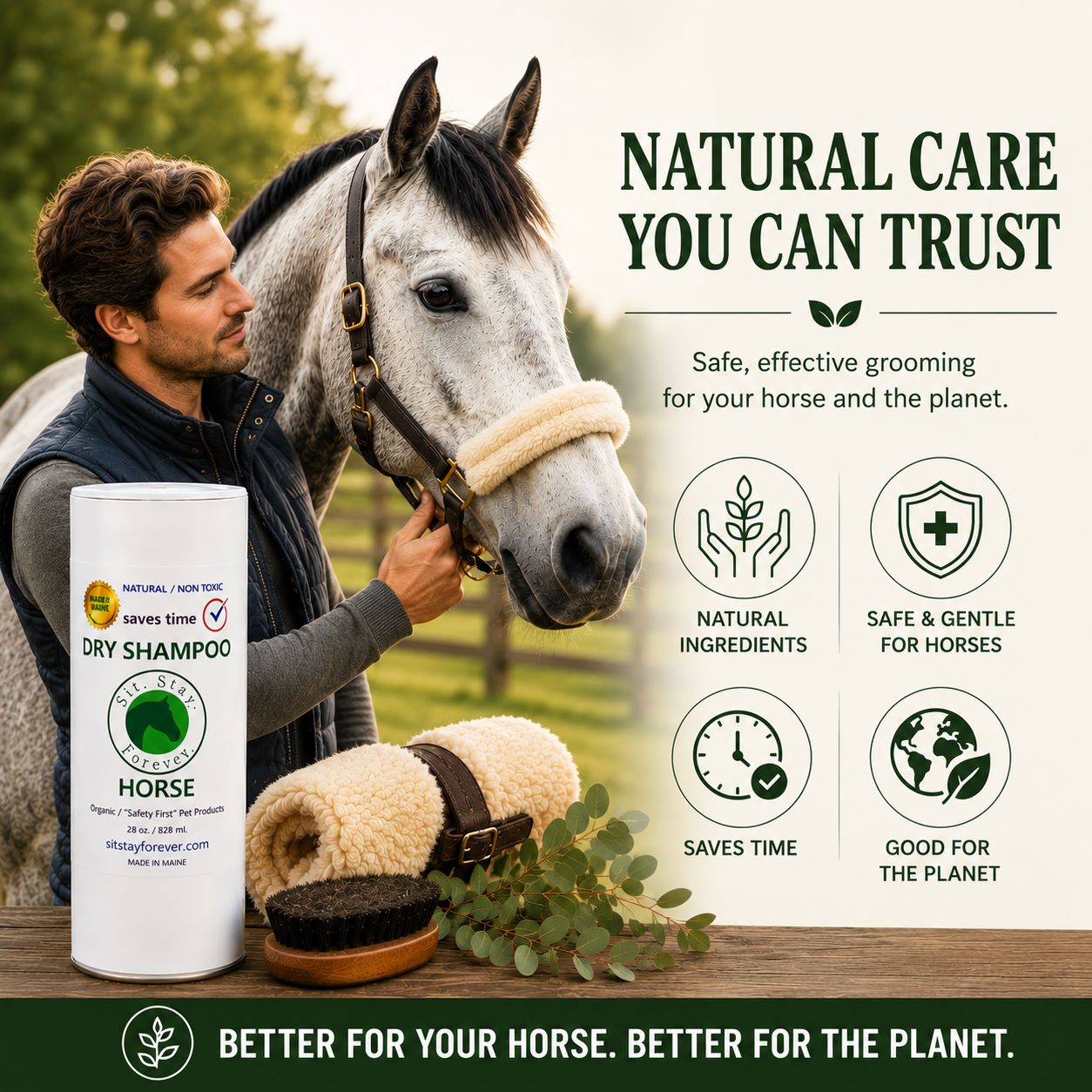 Man holding a horse with a bottle of  sit stay forever dry shampoo and grooming tools, set against a natural background.