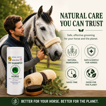 Man holding a horse with a bottle of  sit stay forever dry shampoo and grooming tools, set against a natural background.