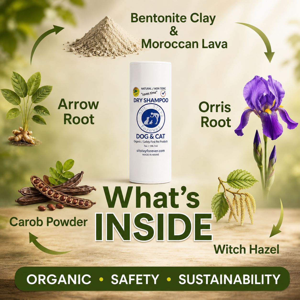 Dry shampoo for dogs and cats with natural ingredients and branding elements.