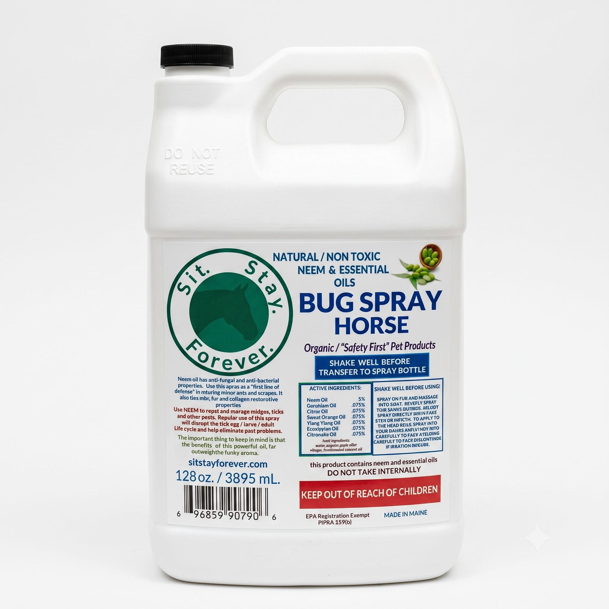 A white plastic jug of Sit Stay  Forever Bug Spray Horse, featuring a black cap and a detailed green, blue, and red label with product information and warnings.