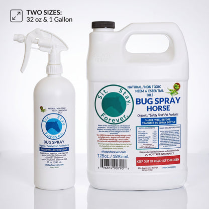 Two sizes of St. Stay Forever Bug Spray Horse: a 32 oz spray bottle and a 1 gallon jug, both white with blue and green labels, shown on a white background with text indicating two sizes.