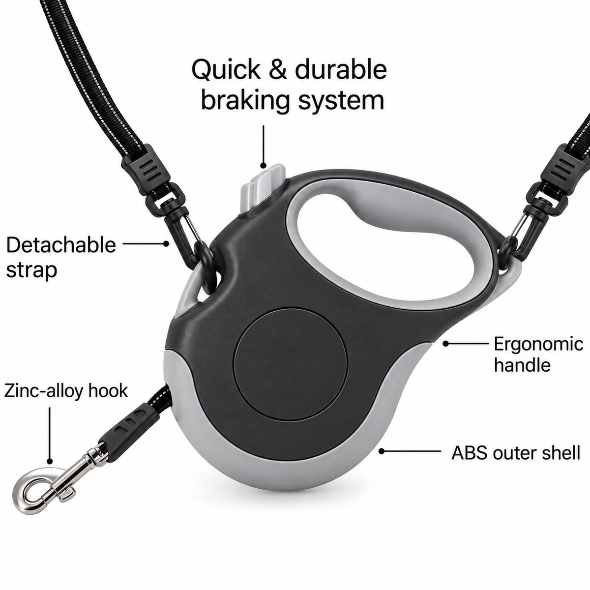 Hands free retractable dog leash with adjustable shoulder strap and quick brake