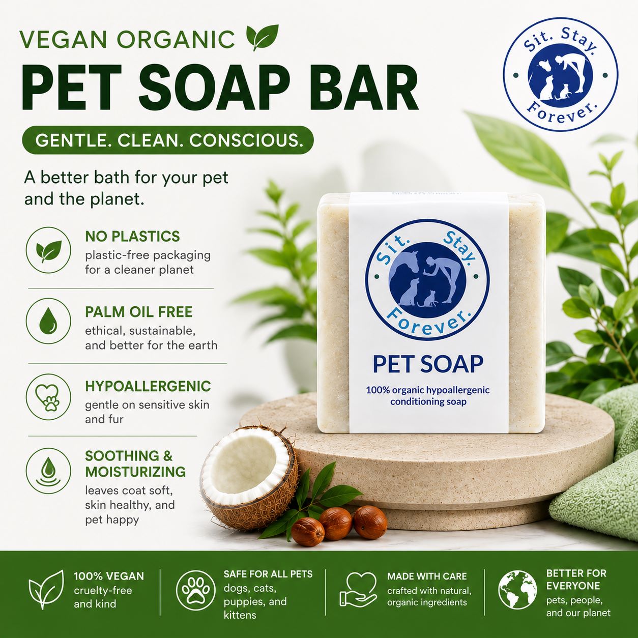 Sit Stay Forever Vegan organic pet soap bar with branding and product details on a green background